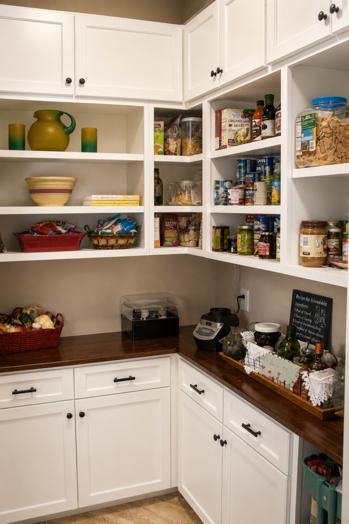 Custom walk-in pantry with white cabinetry, open shelving and wood countertops