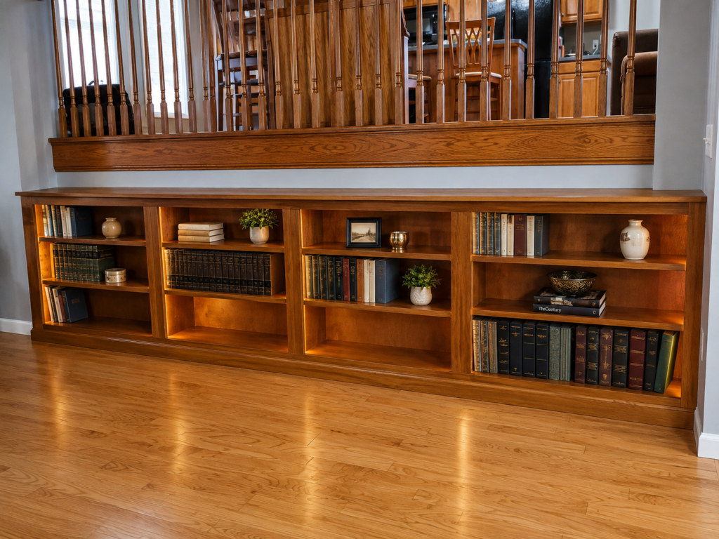 Custom built-in wood bookcase beneath an interior railing