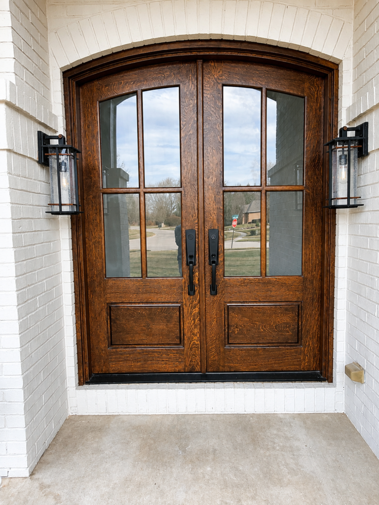 Handcrafted quarter-sawn white oak arched double entry doors