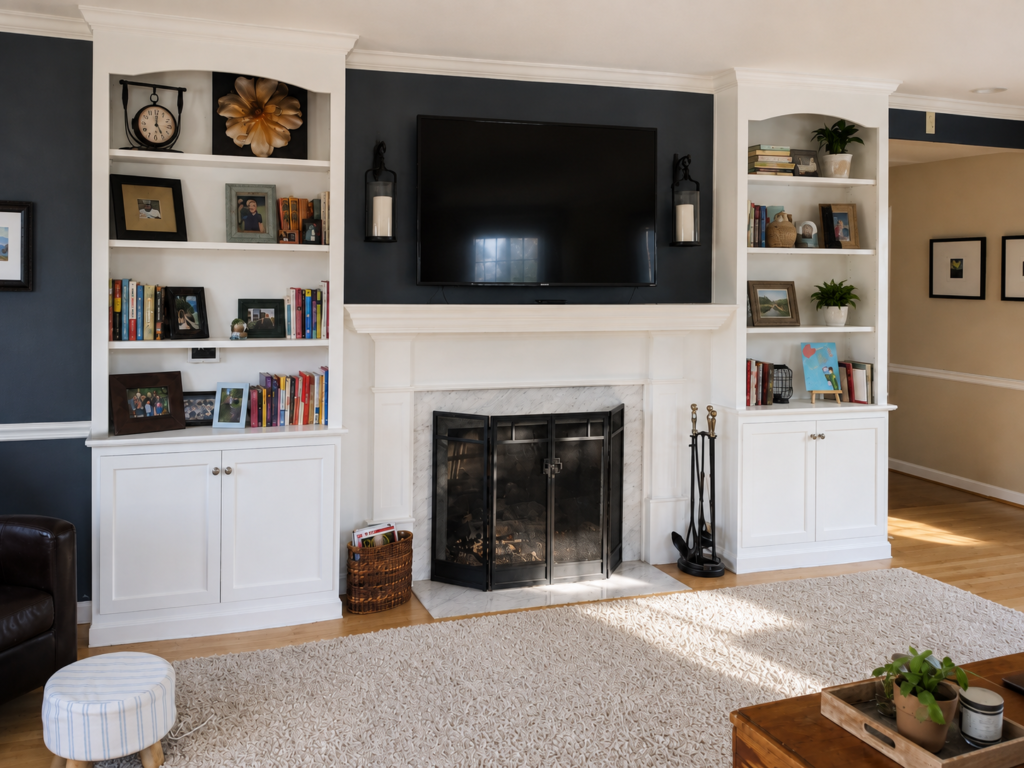 Custom painted living room built-ins flanking a fireplace with arched bookcases and concealed storage