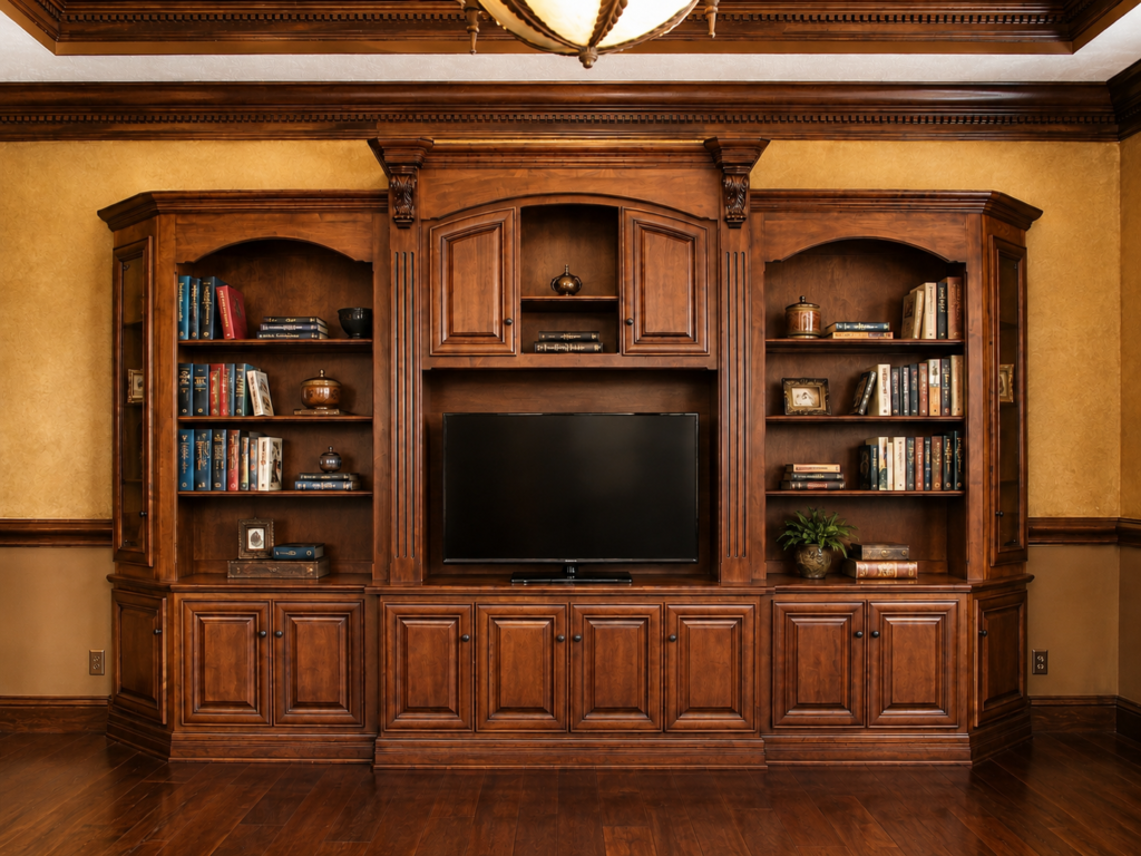 Custom wood professional study with built-in bookcases, cabinetry and architectural millwork