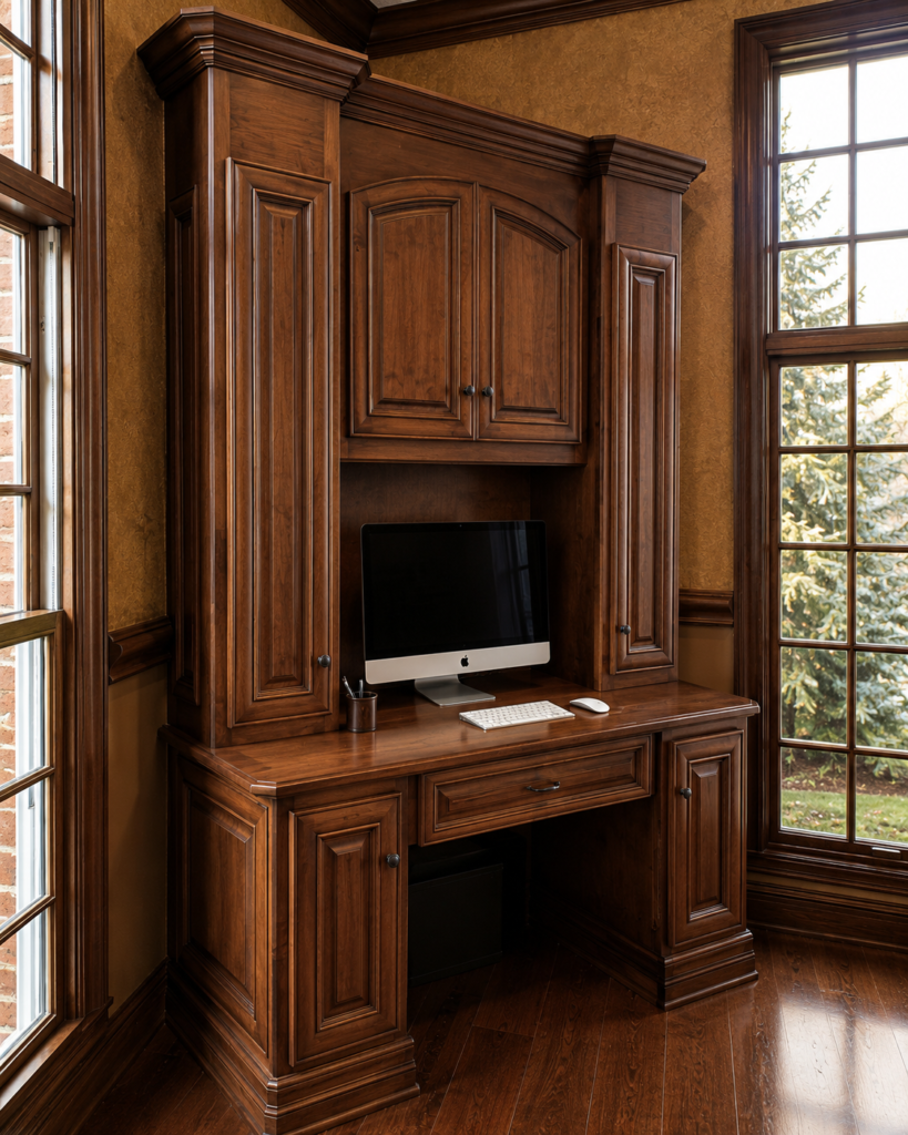 Custom wood professional study with built-in bookcases, cabinetry and architectural millwork