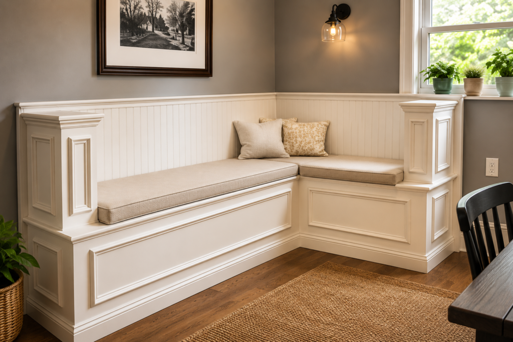 Custom built-in wall bench with paneled back, storage cubbies and upper cabinets