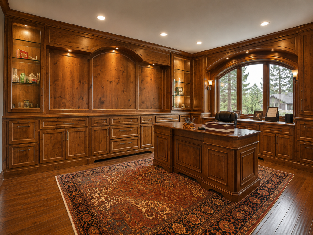 Custom knotty alder study with built-in cabinetry, bookcases, desk and arched architectural millwork