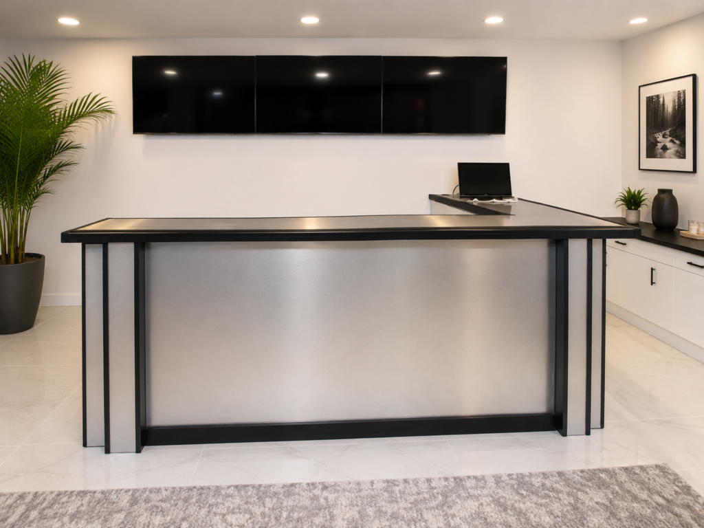 Custom contemporary bar with high-pressure aluminum laminate panels and black trim