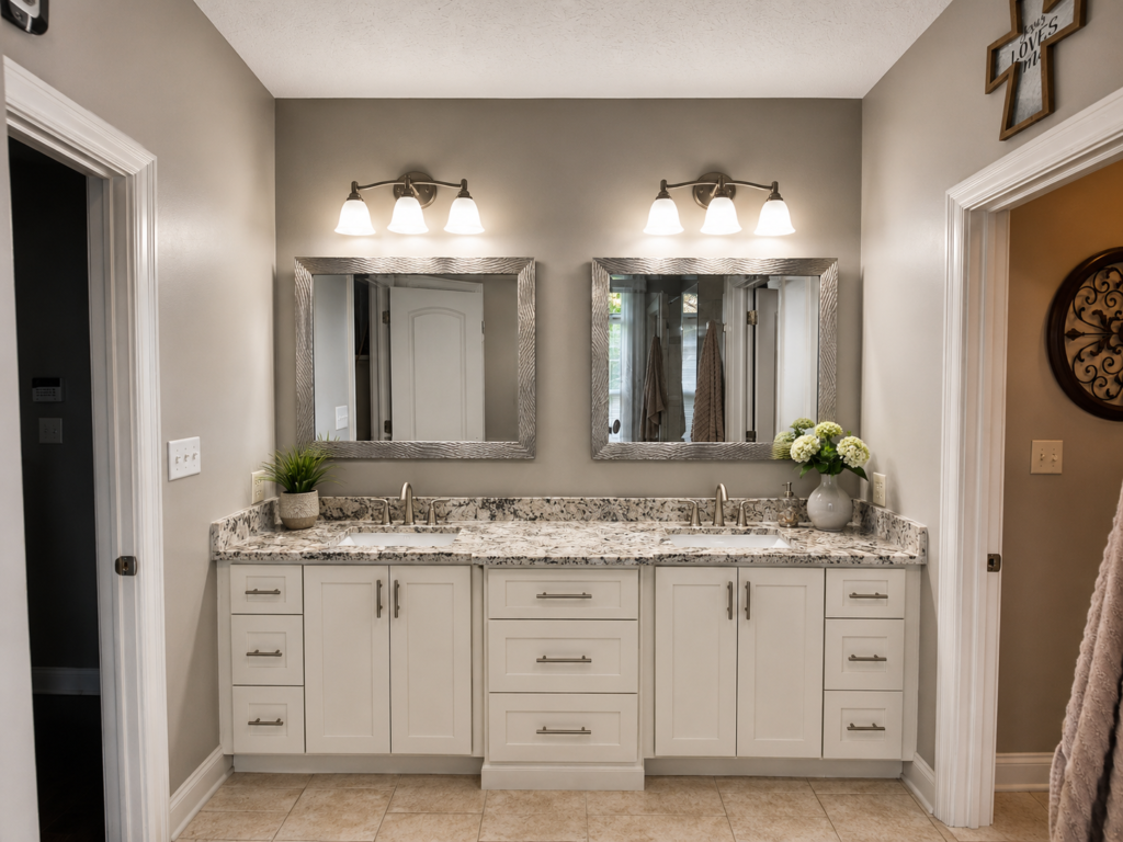 Custom white double bathroom vanity with marble countertop and built-in storage
