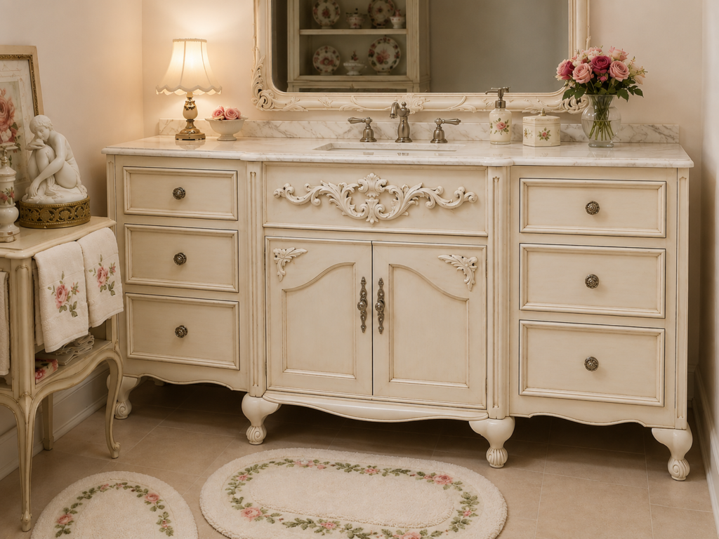 Custom French-inspired single bathroom vanity with layered white finish and stone top