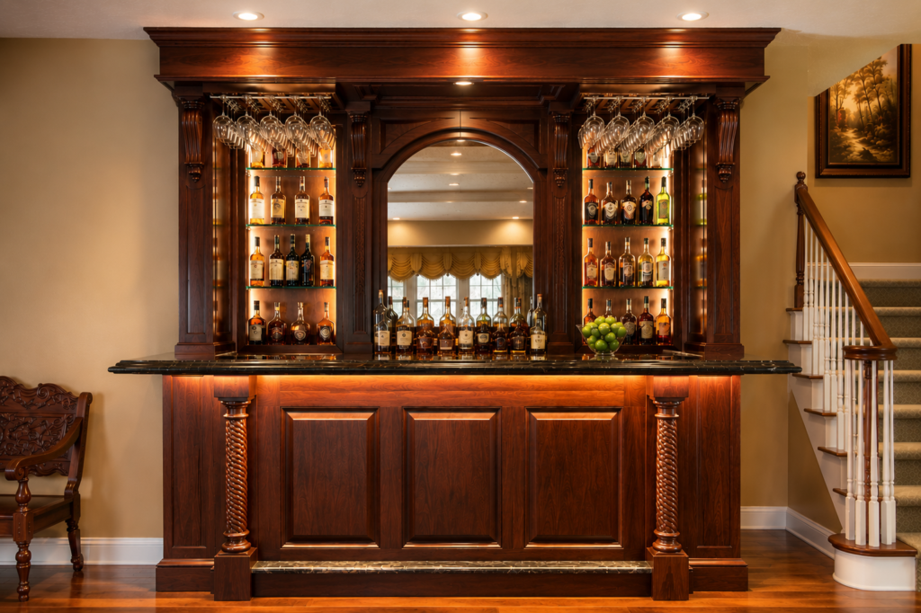 Custom mahogany home bar with glass display cabinets, granite countertop and architectural millwork