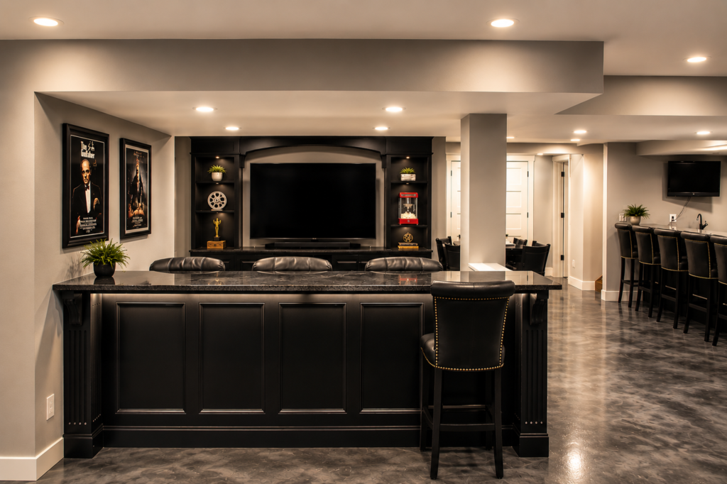 Custom black home theater built-in with large TV, display shelving, and architectural millwork